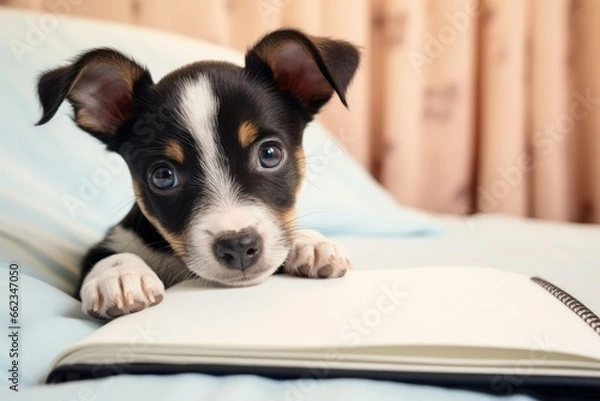 Fototapeta A heartwarming portrait of a tiny puppy nestled on a notebook, exuding cuteness and playfulness