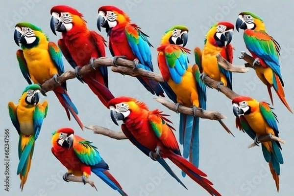 Fototapeta Macaw parrots are flying beautifully in bright colors on a transparent background. 