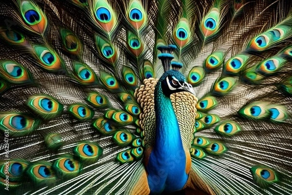 Fototapeta Close-up portrait of a beautiful peacock with colorful feathers