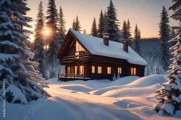 Fototapeta Beautiful winter  trees and a wooden house in a snowy 