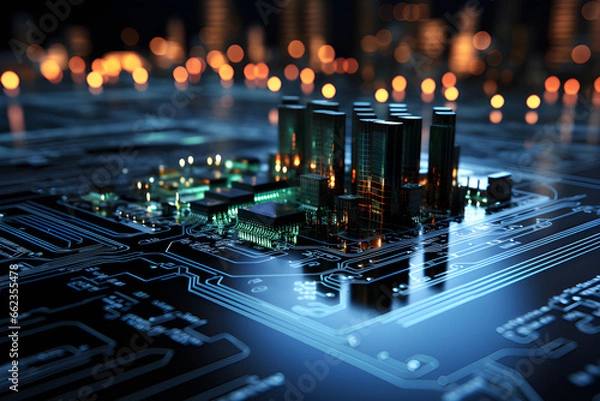 Fototapeta A circuit board illuminated by neon lights and powered with various accessories and electricity, generative AI