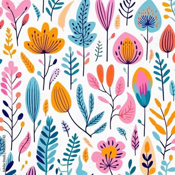 Fototapeta Spring foliage patterns quirky doodle pattern, background, cartoon, vector, whimsical Illustration