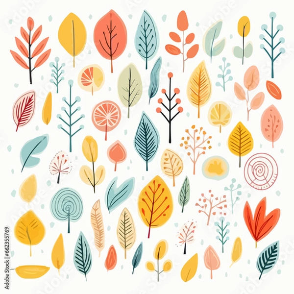 Fototapeta Spring foliage patterns quirky doodle pattern, background, cartoon, vector, whimsical Illustration