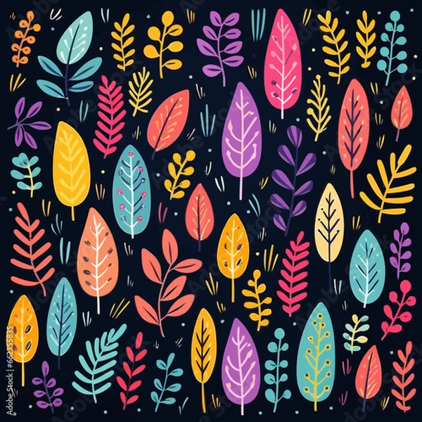 Fototapeta Spring foliage patterns quirky doodle pattern, background, cartoon, vector, whimsical Illustration