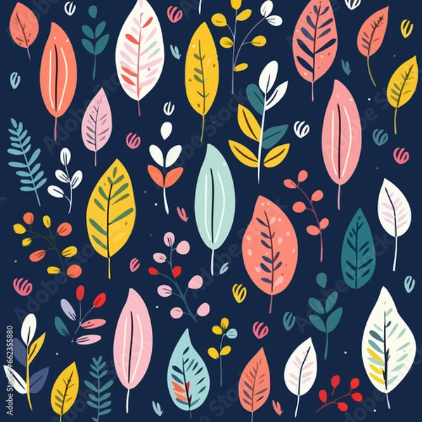 Fototapeta Spring foliage patterns quirky doodle pattern, background, cartoon, vector, whimsical Illustration