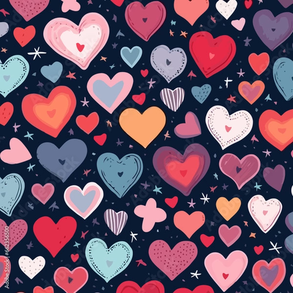 Fototapeta Hearts quirky doodle pattern, background, cartoon, vector, whimsical Illustration