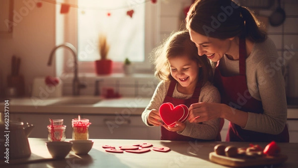 Obraz バレンタインに母親とお菓子作りをする子ども