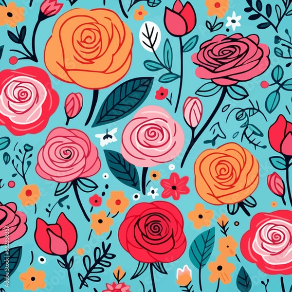 Fototapeta Roses quirky doodle pattern, background, cartoon, vector, whimsical Illustration