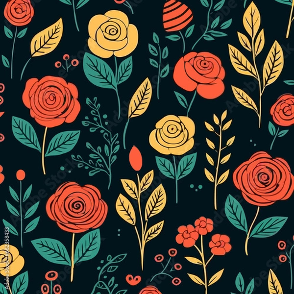 Fototapeta Roses quirky doodle pattern, background, cartoon, vector, whimsical Illustration