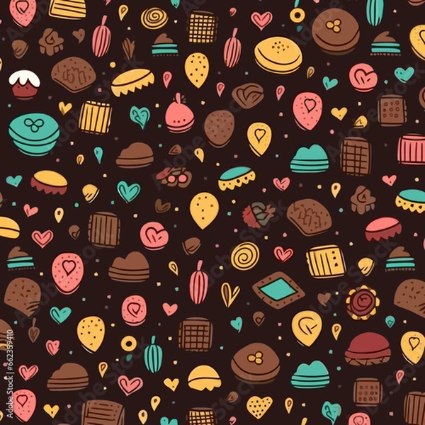 Fototapeta Chocolates quirky doodle pattern, background, cartoon, vector, whimsical Illustration