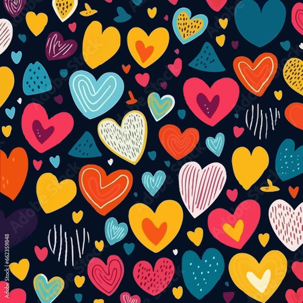 Fototapeta Heart shapes quirky doodle pattern, background, cartoon, vector, whimsical Illustration