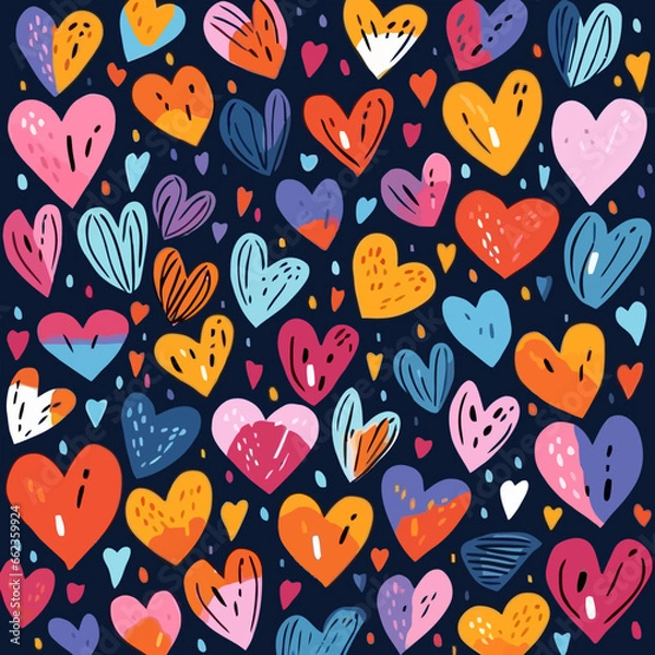 Fototapeta Heart shapes quirky doodle pattern, background, cartoon, vector, whimsical Illustration