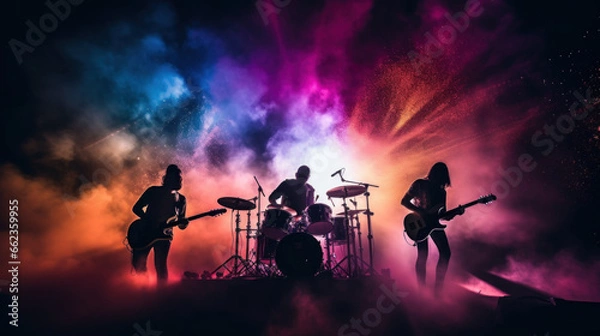 Obraz Rock band concert in cloud colorful dust. Music event, Rock band performs on stage colorful dust background. Guitarist, bass guitar and drums on stage.