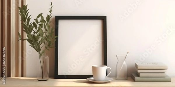Obraz empty photo frame frame leaf decoration on side. generative AI