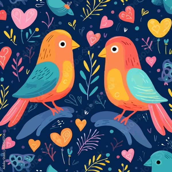 Fototapeta Lovebirds quirky doodle pattern, background, cartoon, vector, whimsical Illustration