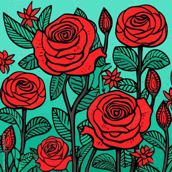 Fototapeta Red roses quirky doodle pattern, background, cartoon, vector, whimsical Illustration