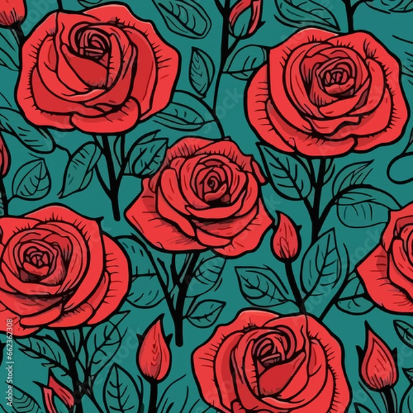 Fototapeta Red roses quirky doodle pattern, background, cartoon, vector, whimsical Illustration