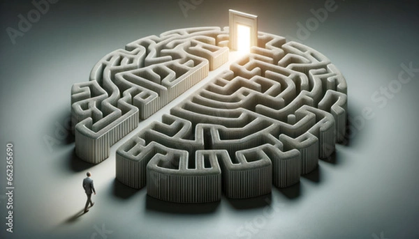 Fototapeta Businessman standing in front of the entrance of the maze. Solution concept. Generative AI