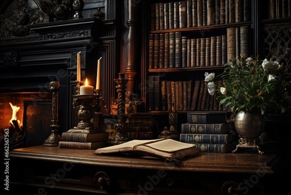 Obraz Dark Academia - Vintage study room with classic books, quills, and dark wood - Romanticizing higher education - AI Generated