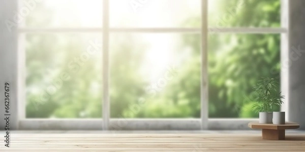 Fototapeta A photo of a white window with a background of blurry leaves can be used as a place for presentations and promotions for your products. generative AI