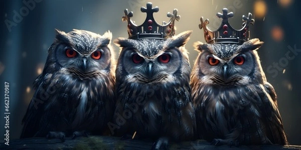 Obraz "Wise Ruler of the Night: Owl with Crown" | Background Design | AI Generated Artwork
