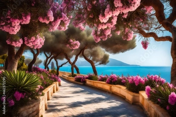Fototapeta Beautiful resort seaside promenade with blooming colorful