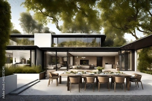 Fototapeta View of luxurious modern house exterior with dining space and garden