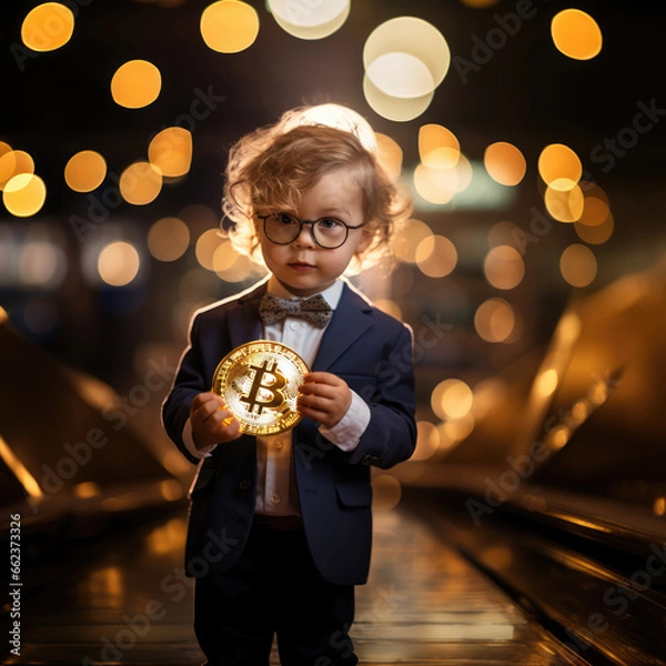 Fototapeta Young rich cryptocurrency investor - small toddler boy child wearing glasses and holding a golden Bitcoin in hand, dressed in a suit as a businessman, dark glamour background