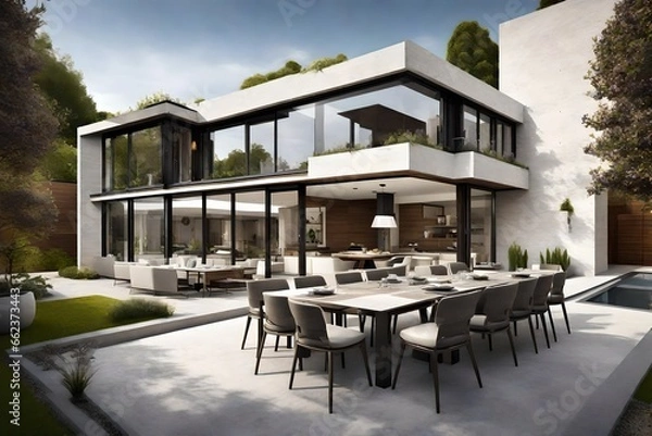 Fototapeta View of luxurious modern house exterior with dining space and garden