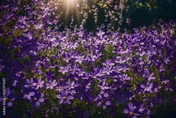 Fototapeta Beautiful summer spring flower border of purple flowers in nature close-up. 