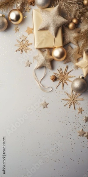 Obraz Beige Nordic Christmas Frame with Golden Balls and Fir Branches - A Cozy and Elegant Vertical Card Decoration with Copy Space