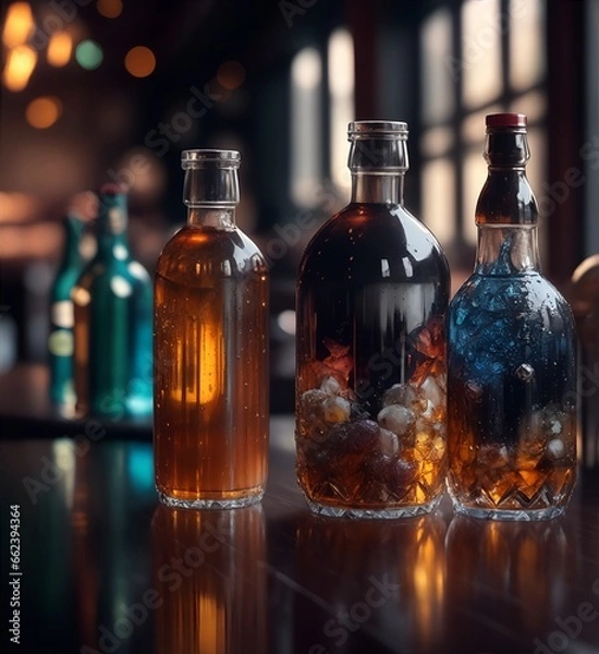 Fototapeta Bottles with alcoholic and non-alcoholic drinks in a cafe or restaurant. Color illustration for design projects. Photo wallpaper, poster, illustration for the catalog. Generative AI.