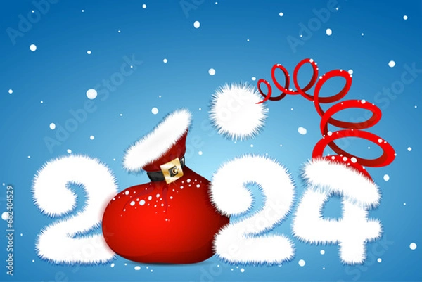 Fototapeta Cute fluffy white cartoon 2024 new year number with Santa bag and Santa Claus hat. Christmas, new year concept