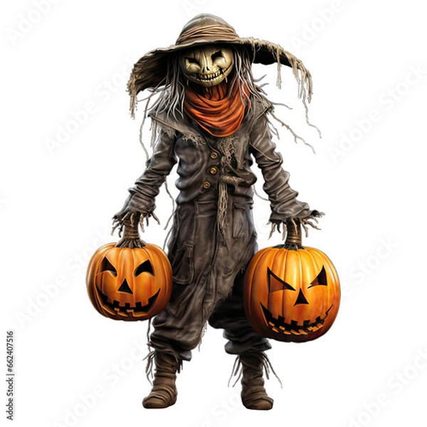 Fototapeta Scarecrow and Halloween pumpkin. Created by AI