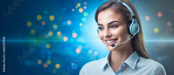 Fototapeta Female businesswoman working in the call center with headset, a smiling call center agent wearing a headset