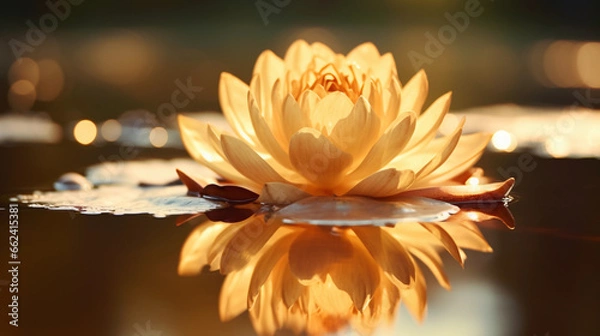 Fototapeta Golden Lotus flower floating on water, vibrant reflection, Zen garden background
