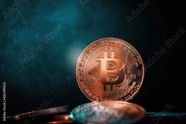 Obraz Technological coin Bitcoin on a black background in green smoke.