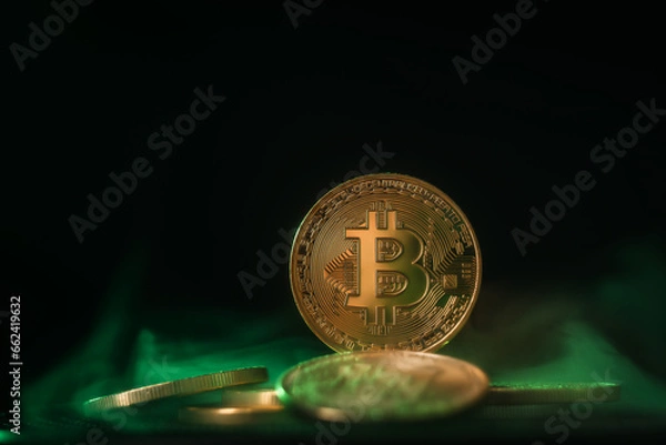 Obraz Bitcoin gold coin close-up. BTC with green backlight on a black background.