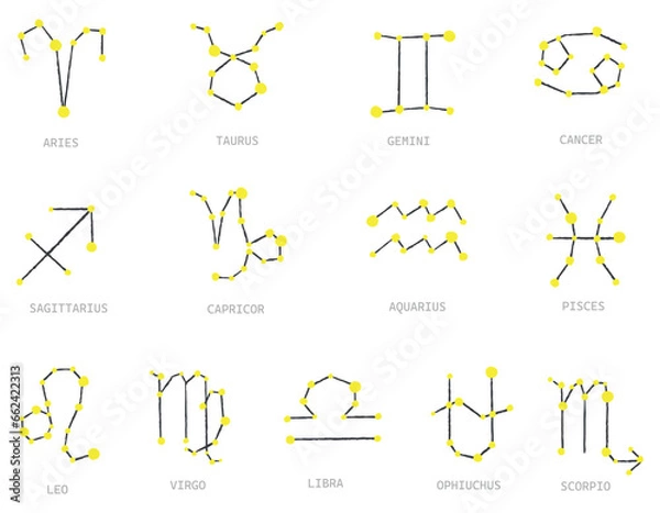 Fototapeta Horoscope, set of all zodiac signs in constellation style. Collection of zodiac symbols. Vector on transparent background