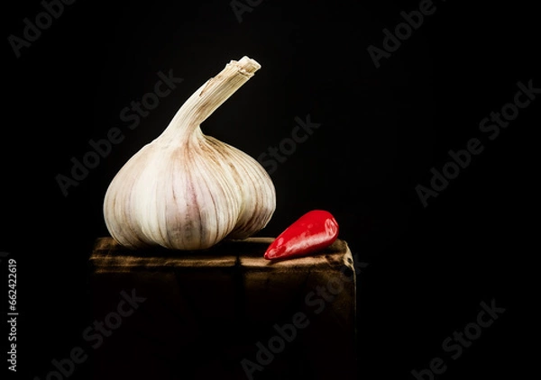 Fototapeta Head of garlic with red pepper on a dark background.