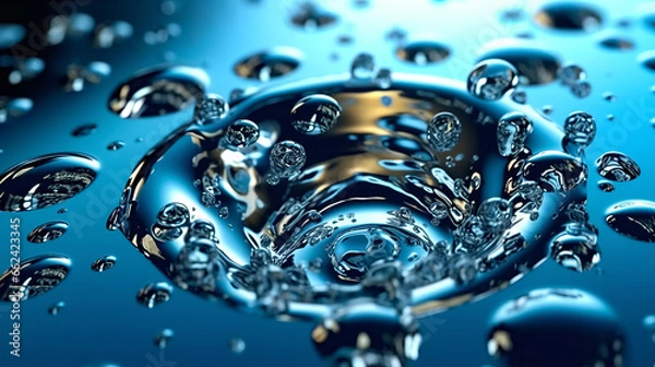 Obraz Abstract background with splashes, splashes and bubbles on the water surface with blue sky reflection.