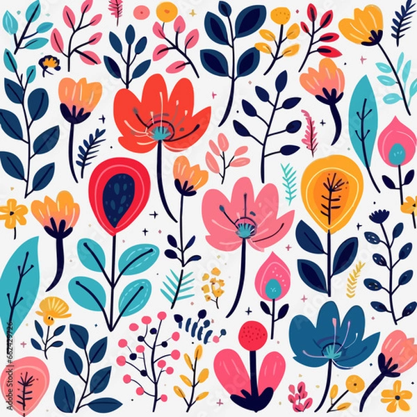 Obraz Florals quirky doodle pattern, background, cartoon, vector, whimsical Illustration