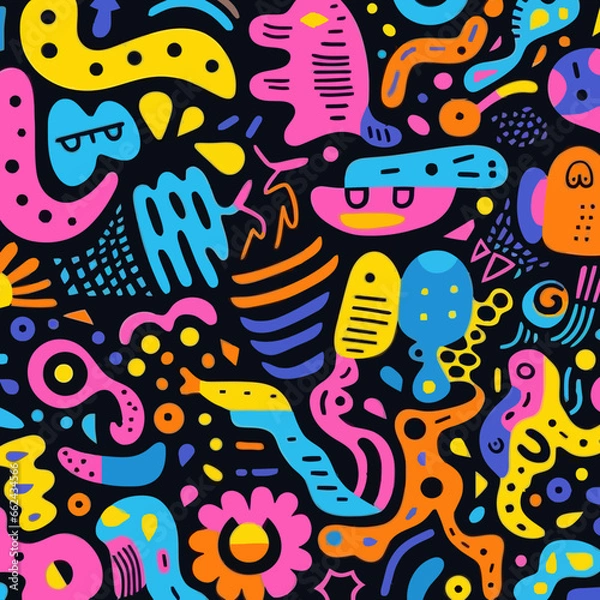 Obraz Bold color quirky doodle pattern, background, cartoon, vector, whimsical Illustration
