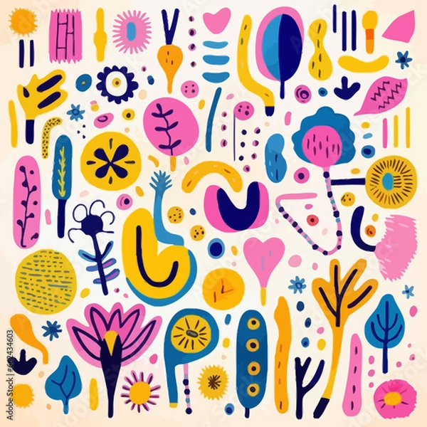 Obraz Bold color quirky doodle pattern, background, cartoon, vector, whimsical Illustration