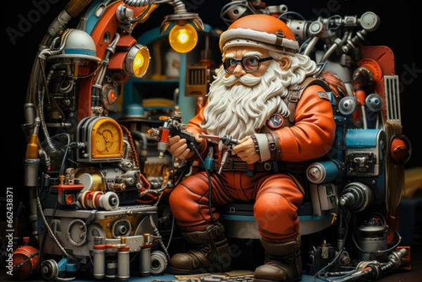 Fototapeta saint claus in a workshop, in a dystopian future, creating gadgets, figure toy