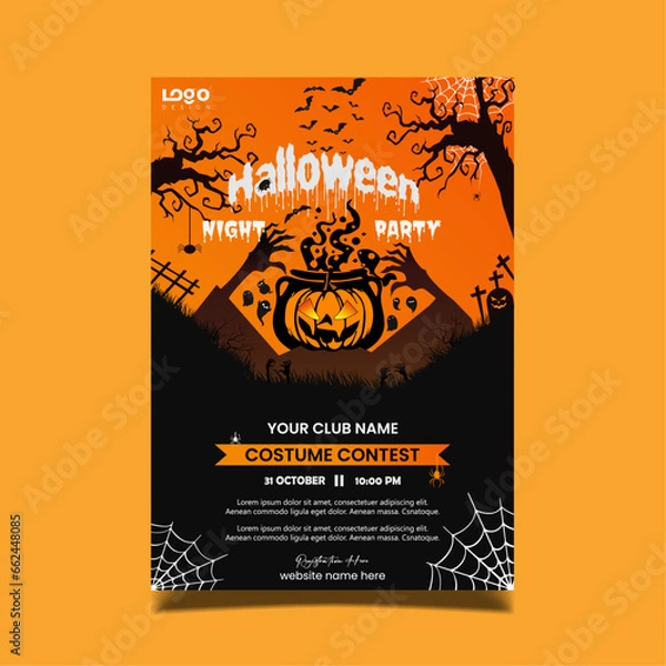 Obraz Happy Halloween party posters set with night clouds and pumpkins in paper-cut style. Vector illustration. Full moon, witch cauldron, spider web and flying bat. Place for tex