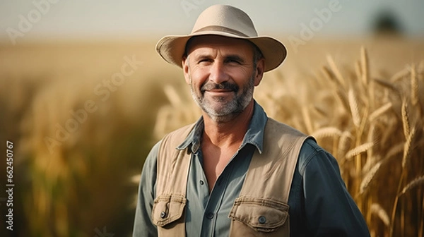 Fototapeta Portrait of a Male farmer wearing overalls and a straw hat, standing in the middle of a green wheat field Agricultur