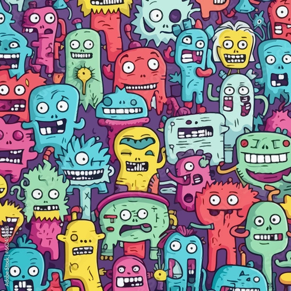 Fototapeta Zombies or mutants quirky doodle pattern, background, cartoon, vector, whimsical Illustration