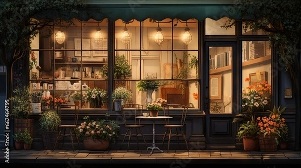 Fototapeta  a store front with potted plants and a table in front of it.  generative ai