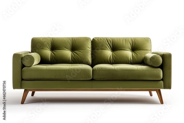 Fototapeta Minimalist Marvel Studio shot of an olive sofa on a carpet isolated on white background